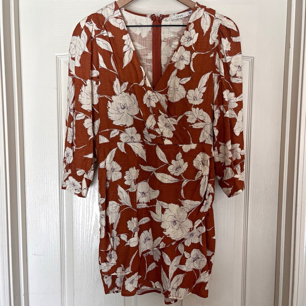 Lush orange/White Floral V-Neck Mini Wrap Dress 3/4 Sleeve Linen Lined S